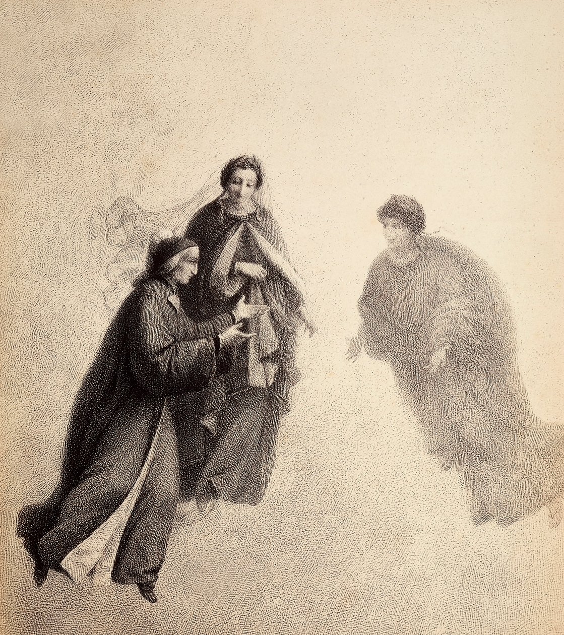 Dante, poussé par Béatrice, parle avec un esprit pieux. Illustration du Chant V du Paradis de La Divine Comédie de Dante Alighieri. Œuvre de Francesco Scaramuzza dédiée à la Municipalité de Florence. - Unbekannter Künstler