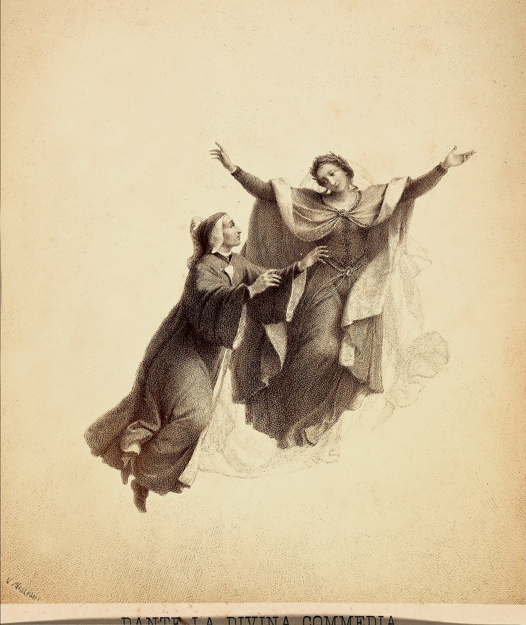 Dante, les bras ouverts, conduit en vol par Béatrice à travers le firmament du Paradis. Illustration du Chant I du Paradis de La Divine Comédie de Dante Alighieri. Œuvre de Francesco Scaramuzza dédiée à la Municipalité de Florence. - Unbekannter Künstler