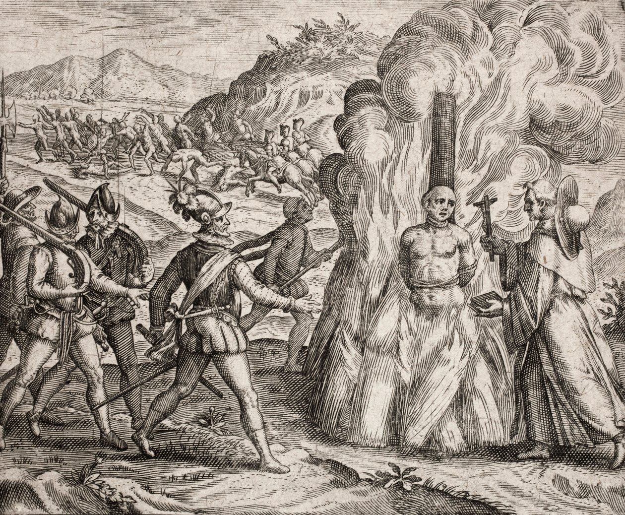 Description des crimes infligés aux Indiens par les colons espagnols - Conquistadors brûlant sur le bûcher un Indien qui a refusé de se convertir à la foi catholique. Religieux de l
