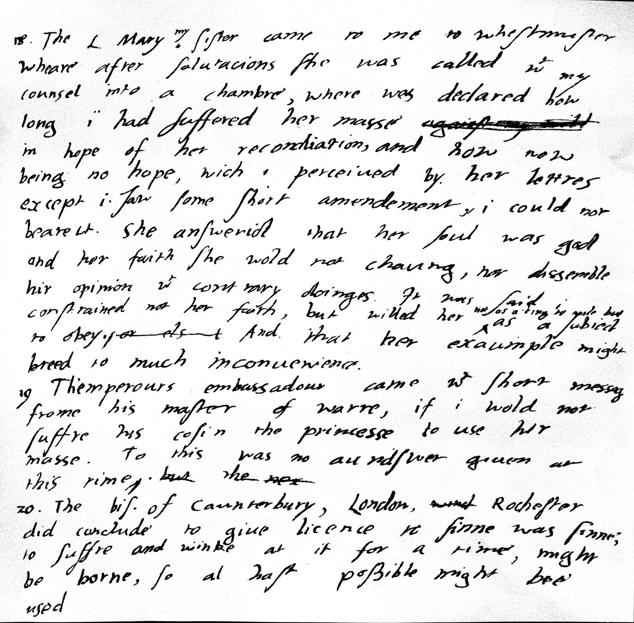 Extrait du journal du roi Édouard VI décrivant la visite de sa sœur Marie à Westminster, ses tentatives de la persuader de changer sa pratique religieuse et de cesser d