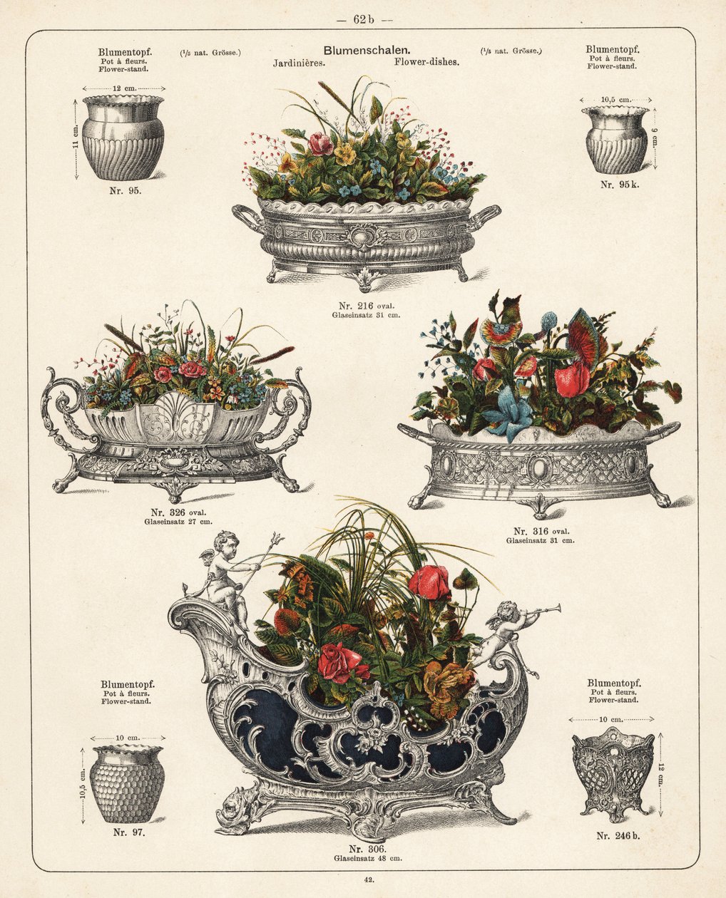 Supports de fleurs, plats de fleurs, vases et jardinières. Lithographie d
