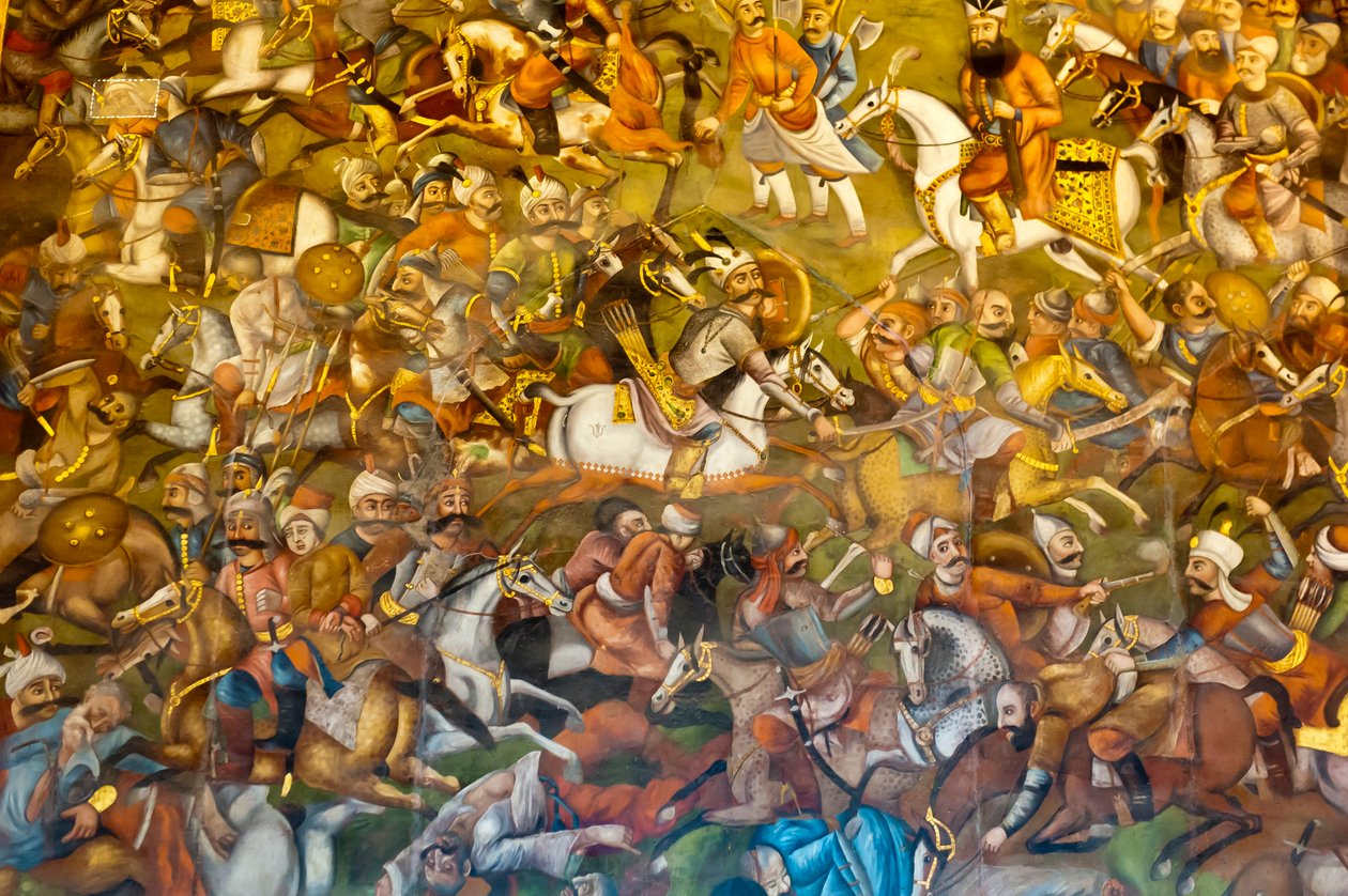 Fresque ; bataille de Chaldiran contre les Ottomans Sultan Selim I. ; 1514 ; Chehel Sotoun ; Palais des Quarante Colonnes ; Ispahan ; Iran ; Asie - Unbekannt