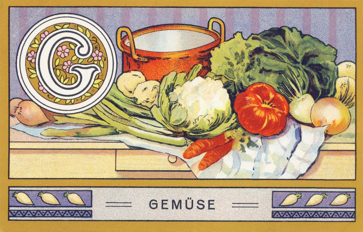 G : Gemuse - Alphabet Palmin. Série de chromolithographies éditées par H. Schlinck & Cie, Hambourg, s. d. Publicité pour Palmin feinstes Cocosfett. Dimensions : 7 x 11 cm - William M. Timlin