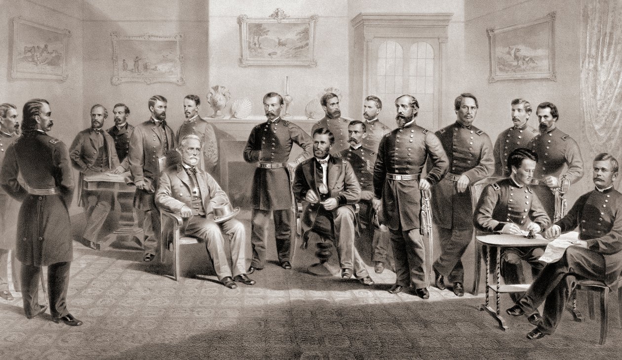 Le général Ulysses S. Grant (assis au centre droit) et le général Robert E. Lee (assis au centre gauche) avec leurs états-majors respectifs au palais de justice d