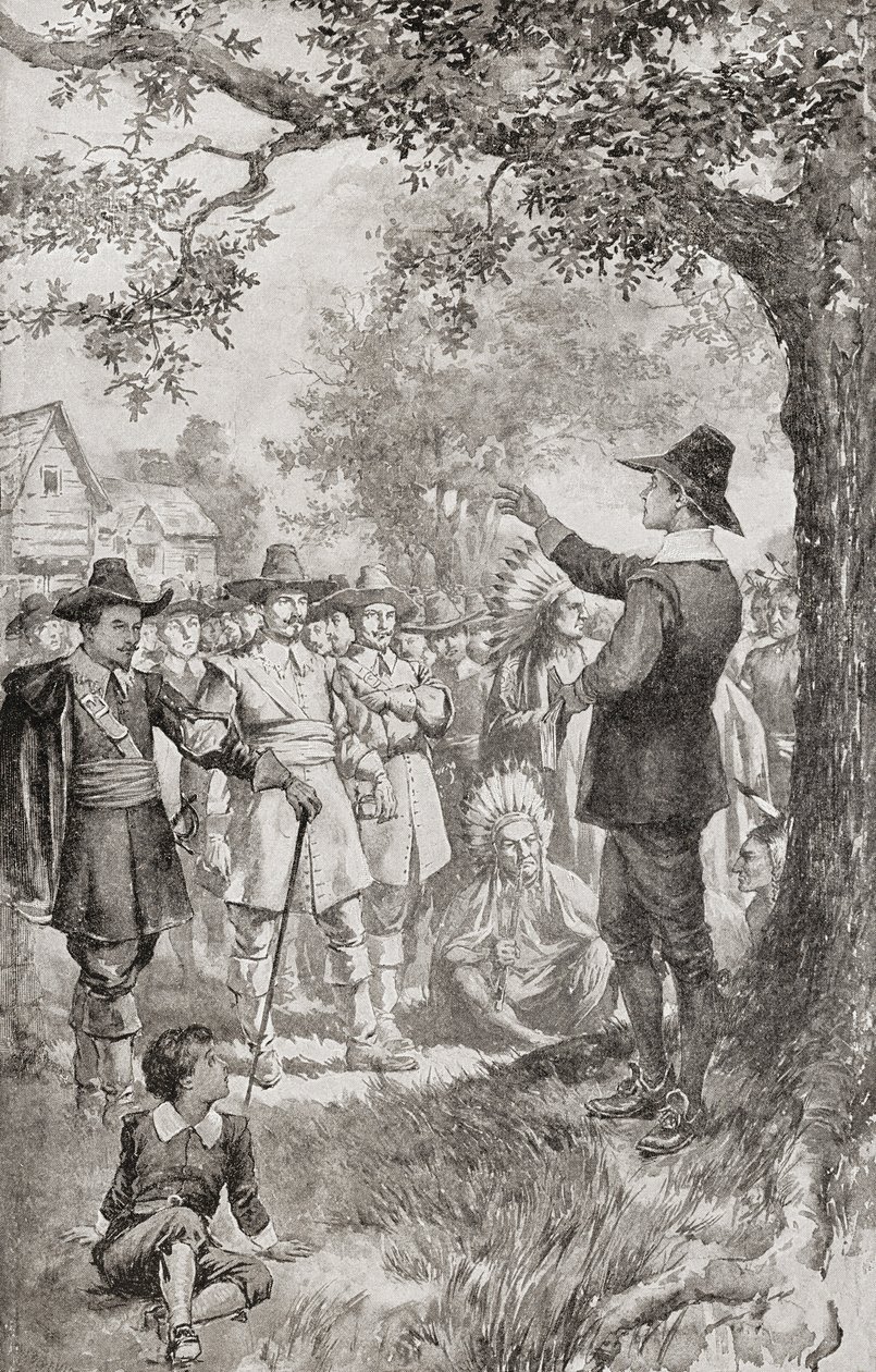 George Fox prêchant à une foule dans le Maryland, Amérique en 1671 lors d