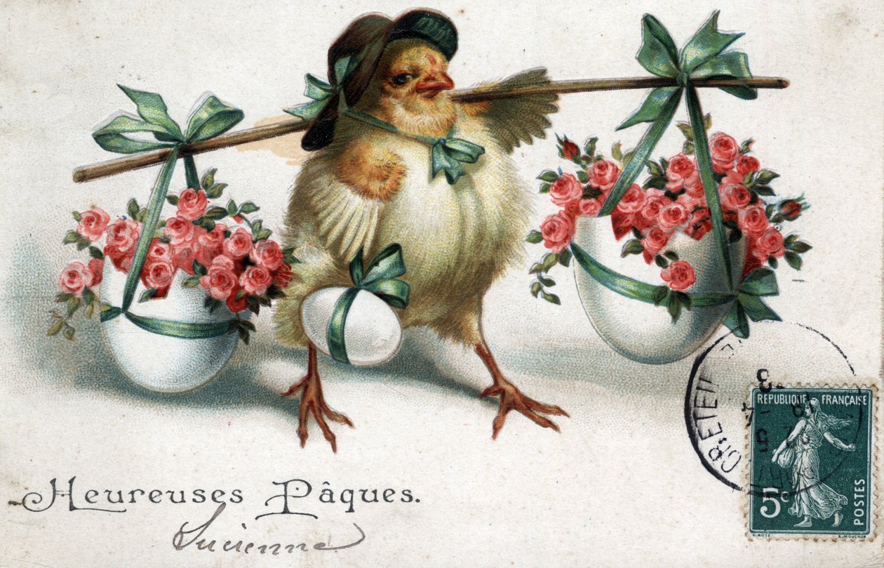 Carte de vœux de Pâques : un poussin portant des œufs remplis de roses - Carte postale datée de 1908 - Unbekannt