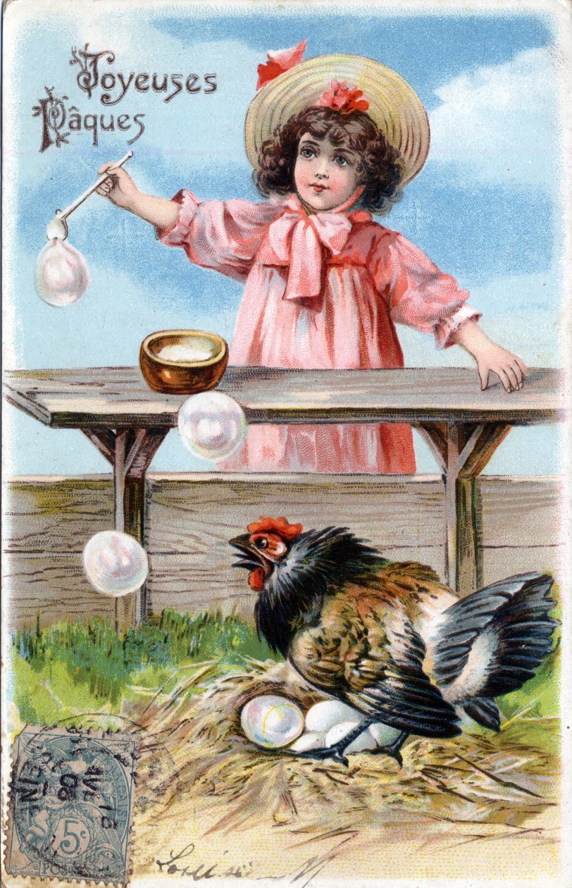 Carte de vœux de Pâques : une poule couvrant ses œufs regarde curieusement les bulles de savon faites par une petite fille - Carte postale datée de 1900-1909 - Unbekannt