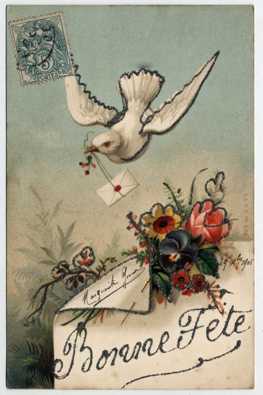 Carte de vœux : un oiseau apporte une lettre scellée - Carte postale datée de 1906 - Unbekannt