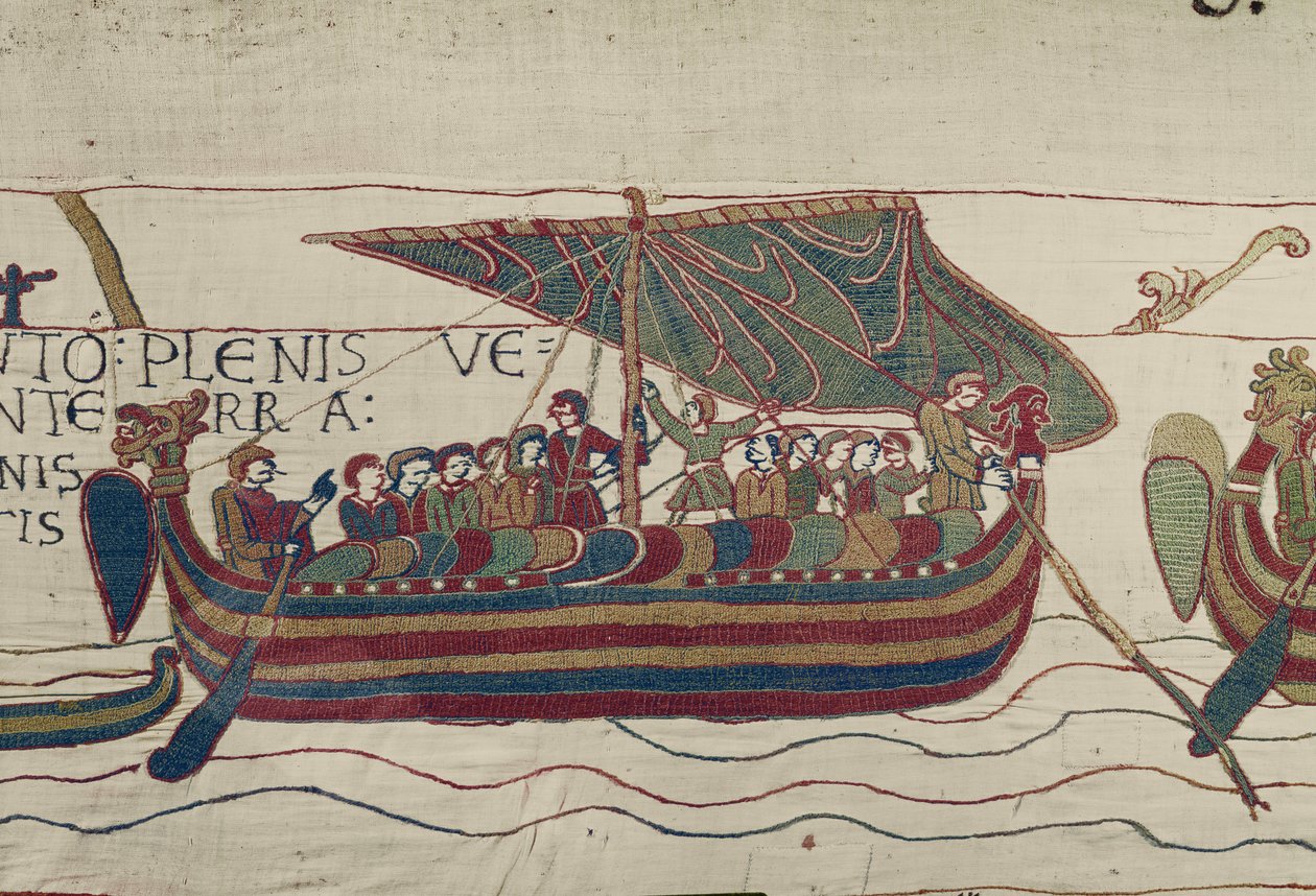 Les navires de Harold sont emportés vers le territoire du comte Guy de Ponthieu, Tapisserie de Bayeux (broderie en laine sur lin) - Unbekannt
