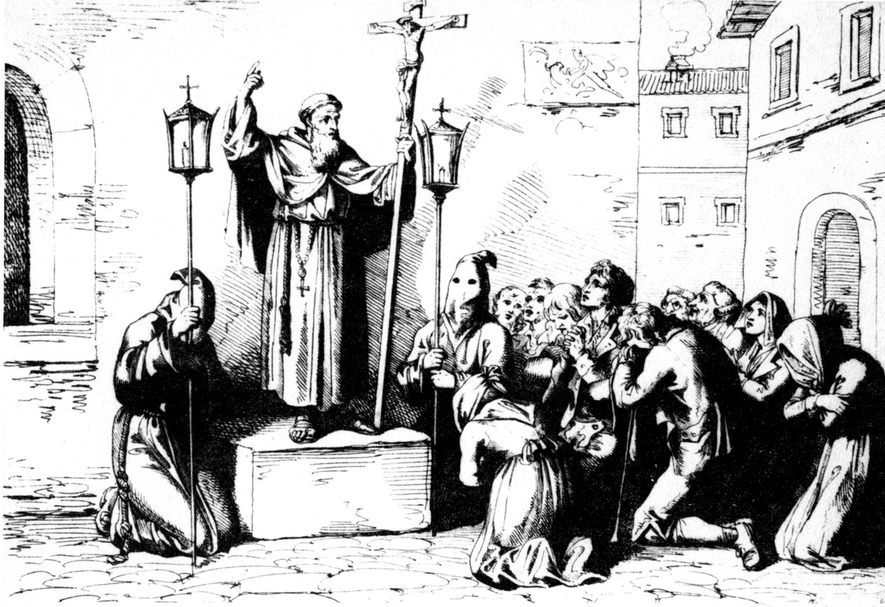 Un frère prêche aux gens sur une place à Rome. Gravure de Bartolomeo Pinelli XIXe siècle - Unbekannt
