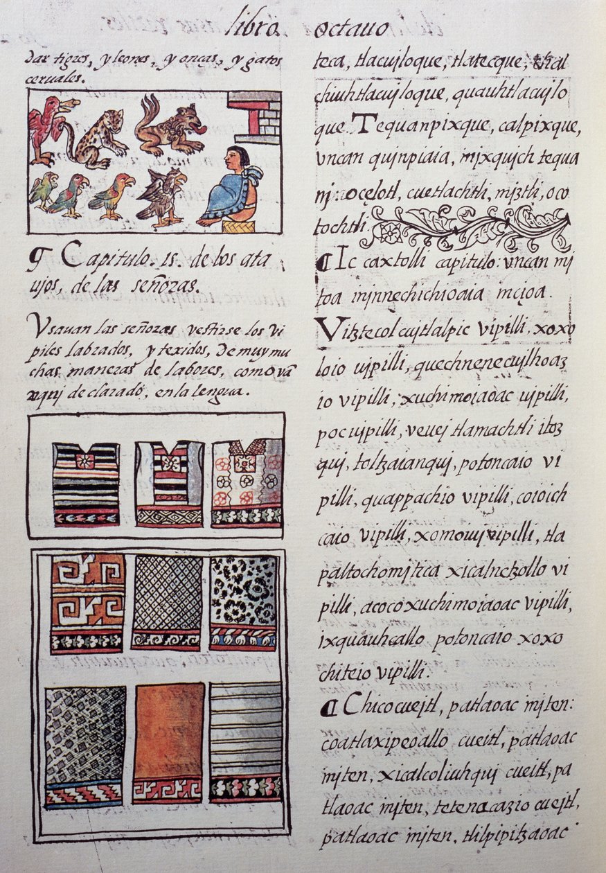 Huipil, vêtement féminin porté par la noblesse avec des blouses brodées, Livre VIII du Codex florentin, Histoire générale des choses de la Nouvelle-Espagne, par le missionnaire espagnol Fray Bernardino de Sahagun. Civilisation aztèque - William M. Timlin
