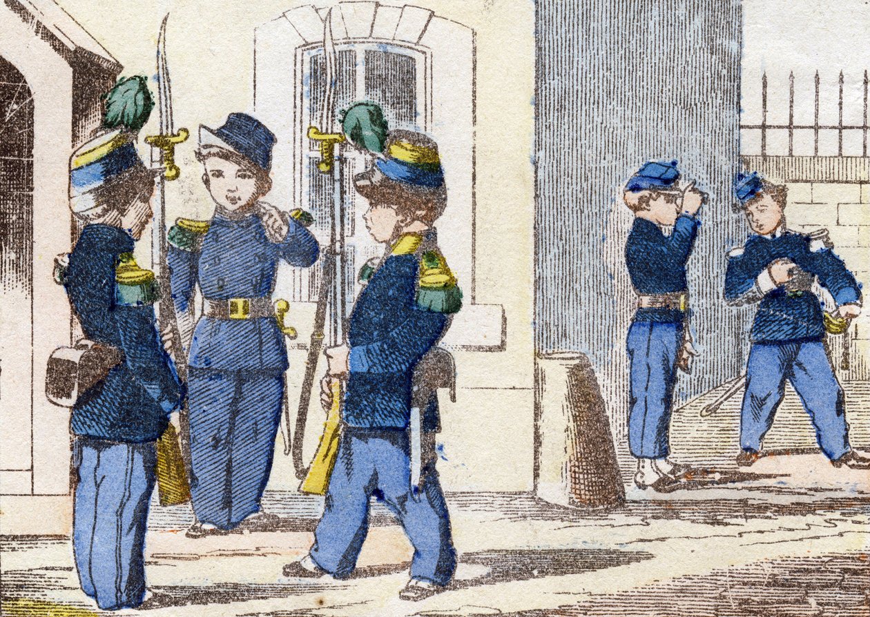 Chasseurs à pied. Gravure dans "Alphabet militaire enfantin". Imagerie de Pont-à-Mousson, vers 1890. 20 pages. Dim : 28,5x21 cm. - Unbekannt