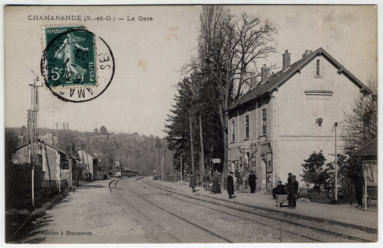 Île-de-France, Essonne, Chamarande : vue de la gare - Carte postale datée 1908 - William M. Timlin