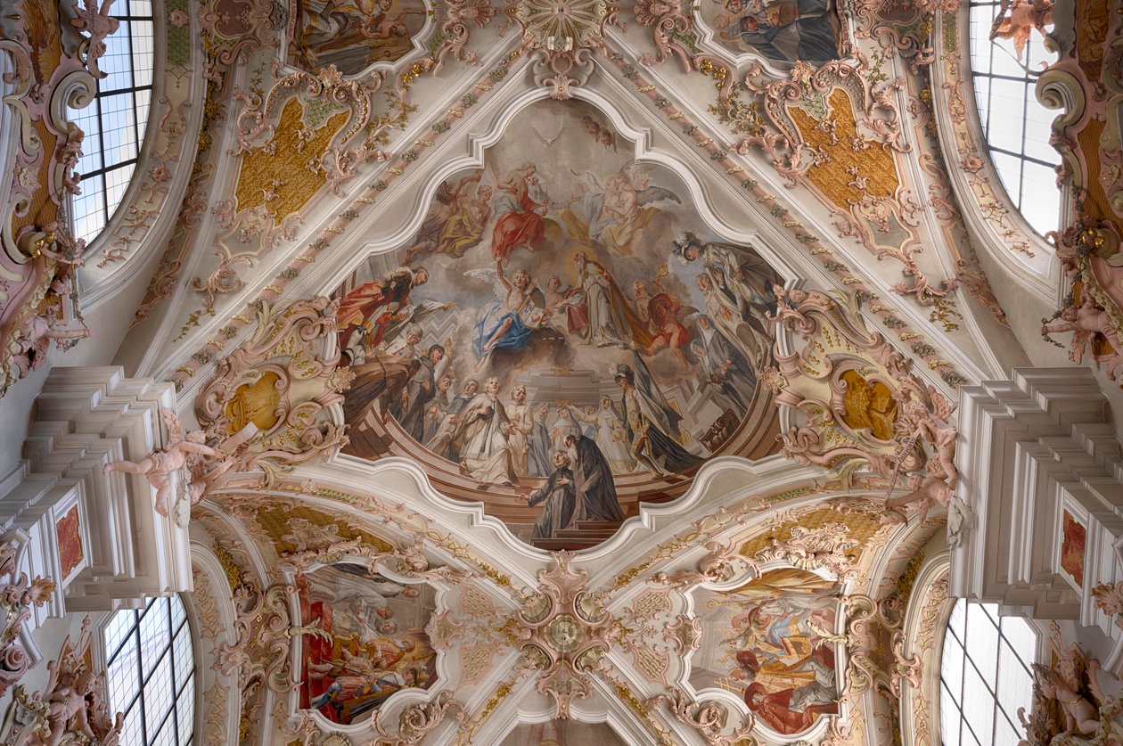 Photographie intérieure des fresques au plafond, peinture au plafond, basilique du monastère, église du monastère, monastère des chanoines augustins, monastère de Neustift, également monastère, Vahrn près de Brixen, Bressanone, Tyrol du Sud, Italie, Europe - Unbekannter Künstler