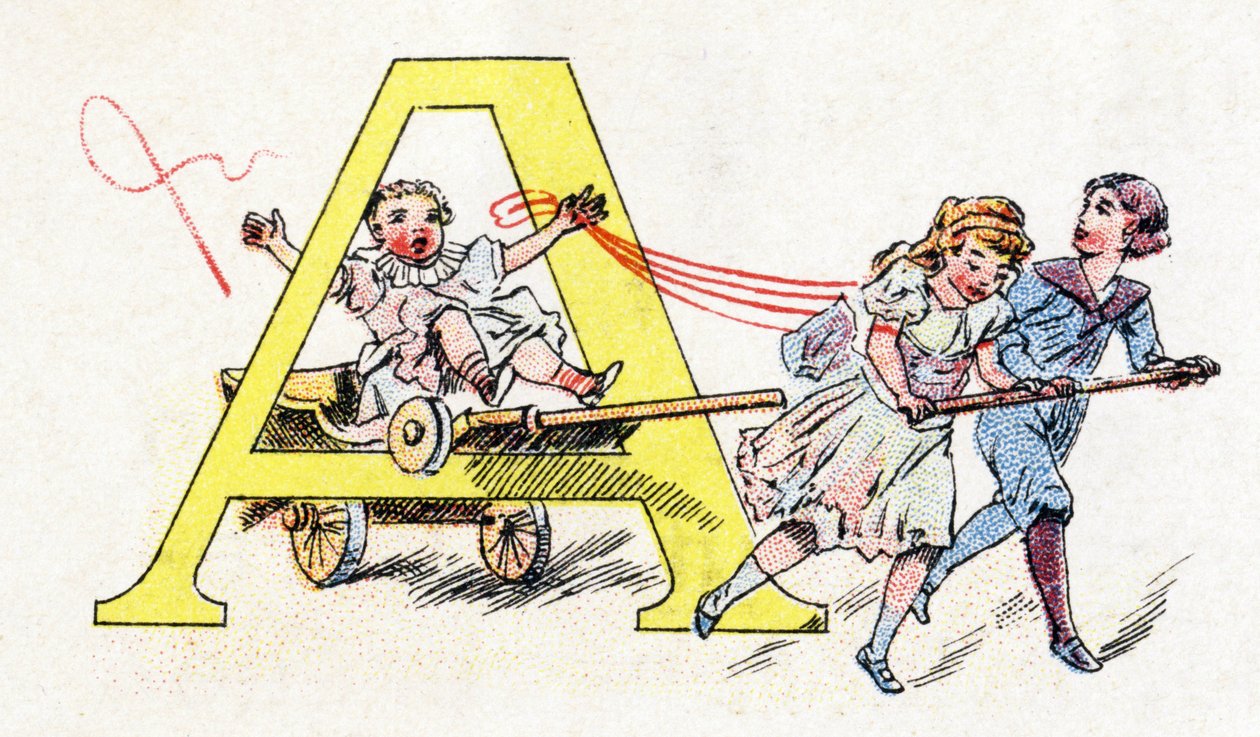 Lettre A : Attelage amusant. Alphabet de Phosphatine Falières. Gravure. Alphabet breveté S.G.D.G. par le pharmacien Pierre Émile Falières. Illustrations en chromolithographie, fin 19ème siècle. 16 pages. Dim : 103x154 mm. - Unbekannt