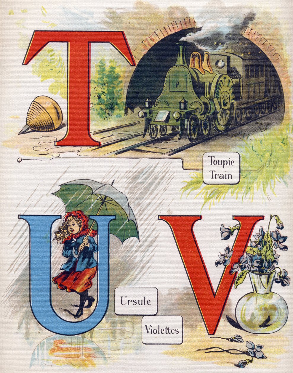 Lettres T, U et V : toupie, train, ursule et violette. Gravure dans "ABC L