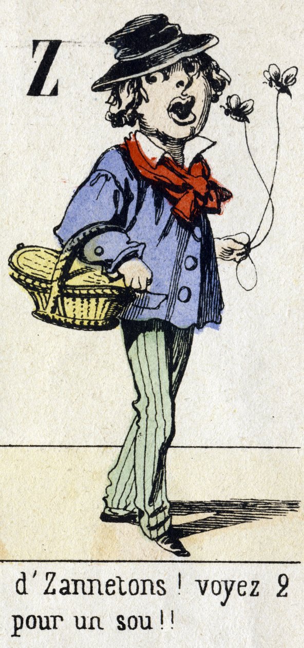 Lettre Z : "par Zannetons ! Voyez 2 pour un sou !!" Alphabet "Divertissements enfantins". Imagerie d
