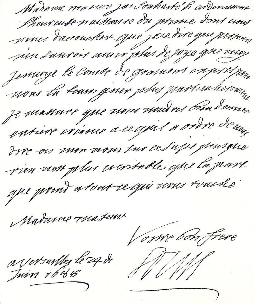 Lettre de Louis XIV à Marie de Modène, la félicitant pour la naissance d