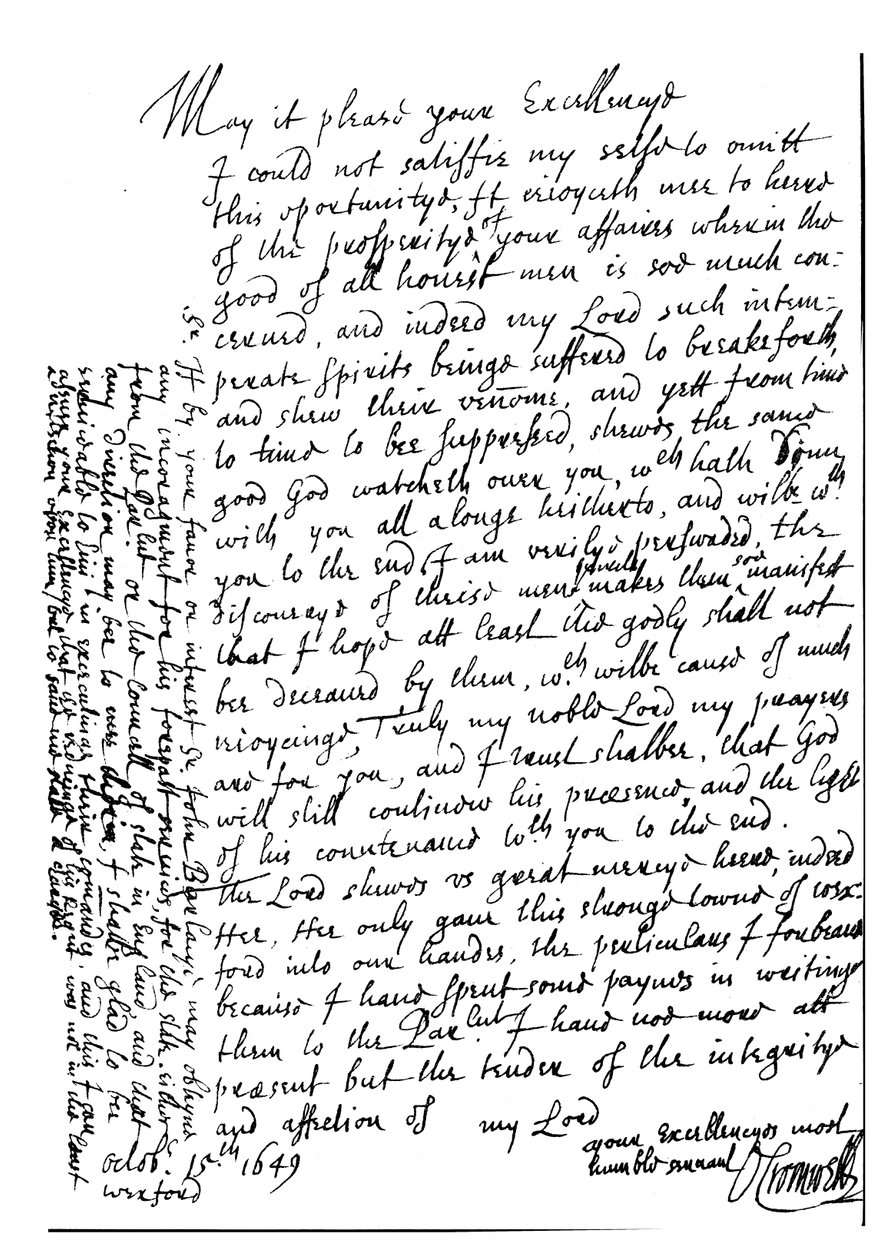 Lettre écrite par Oliver Cromwell à Lord Fairfax pour le féliciter de sa prospérité et annoncer la capture de Wexford, Irlande - Unbekannt