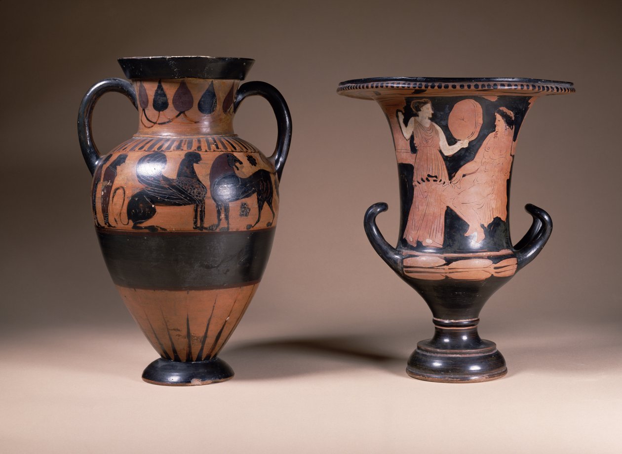 Amphore à figures noires orientalisantes, Grecque, 6e siècle av. J.-C.; calice-cratère à figures rouges, Grecque, Italie du Sud, 4e siècle av. J.-C. (poterie) - Unbekannt