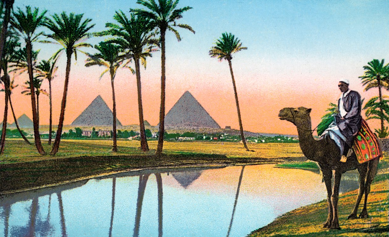 Homme sur un chameau regardant les pyramides de Gizeh, vers 1900 - Unbekannter Künstler