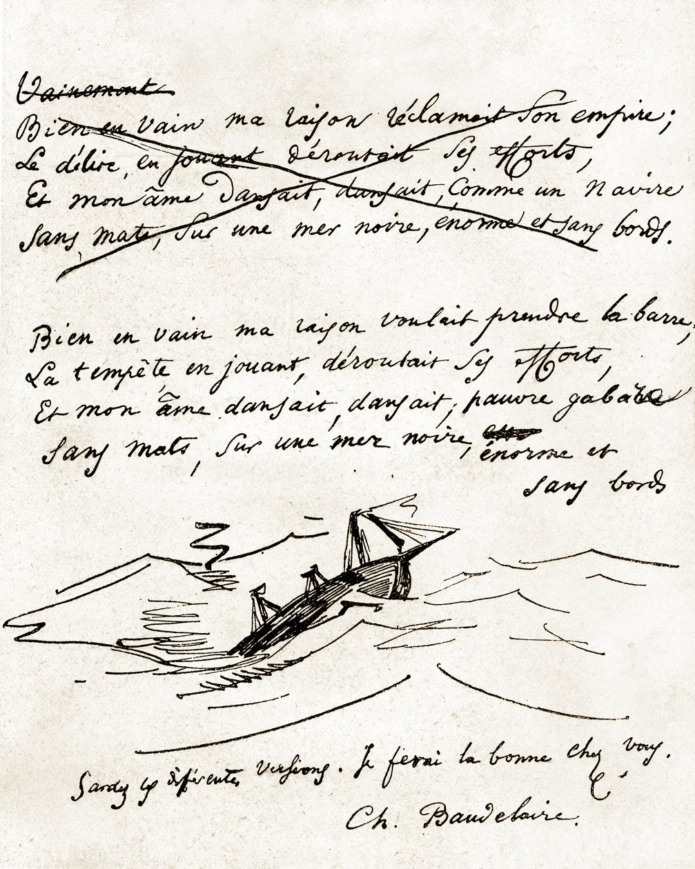 Manuscrit de Charles Baudelaire, illustré d
