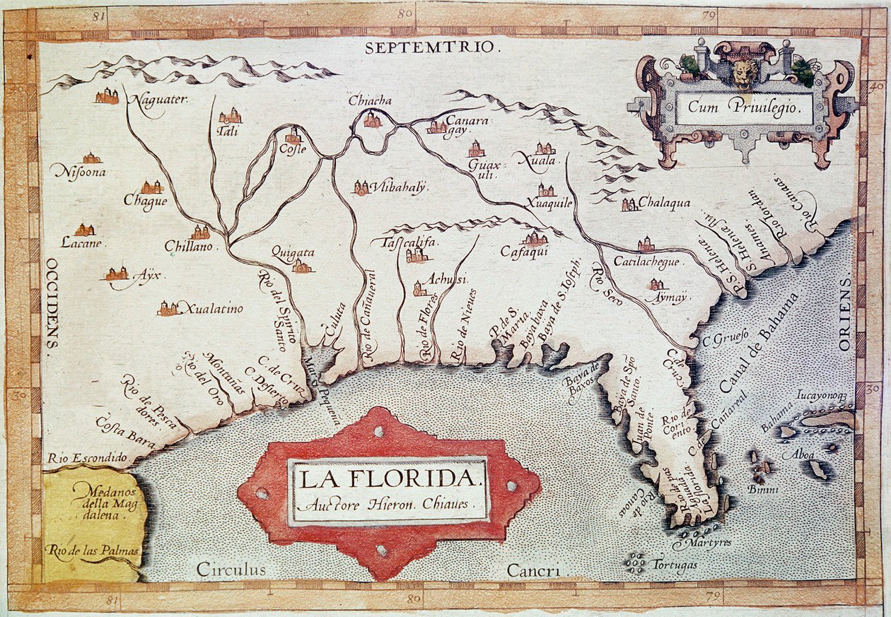 Cartographie de la Floride. On peut voir le Tropique du Cancer, les Bahamas et les îles Tortugas. Dans Teatrum Orbis Terrarum par le cartographe Abraham Ortelius - Unbekannter Künstler