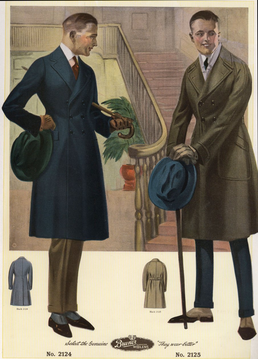 Mode masculine 1920 - Hommes en manteaux croisés portant des cannes et des chapeaux, portant des guêtres. Chromolithographie d