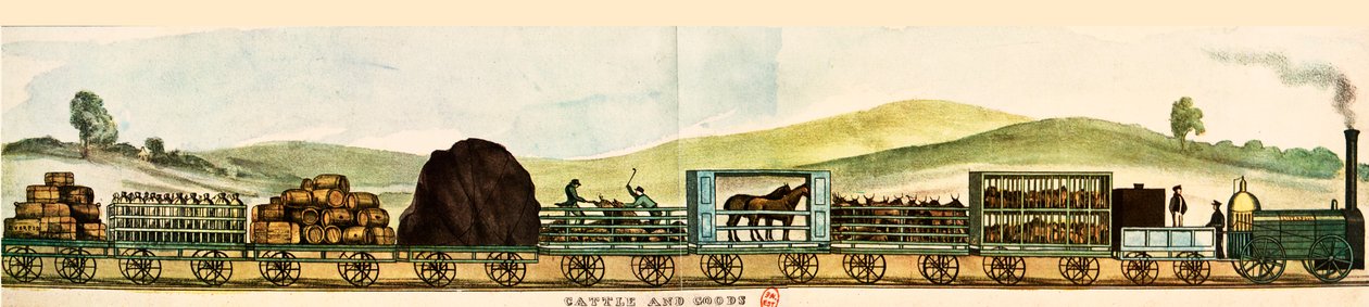 Marchandises et wagons à bestiaux, chemin de fer Liverpool-Manchester - Unbekannter Künstler
