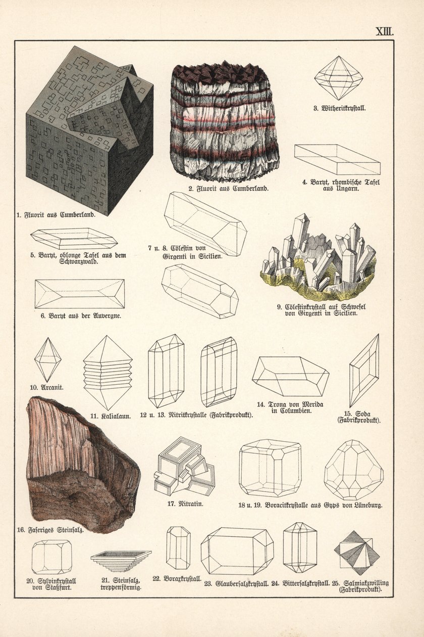 Minéraux et cristaux (fluorite, célestine et sel gemme fibreux) - Chromolithographie de Minéralogie par Gustav Adolph Kengott, extrait de l
