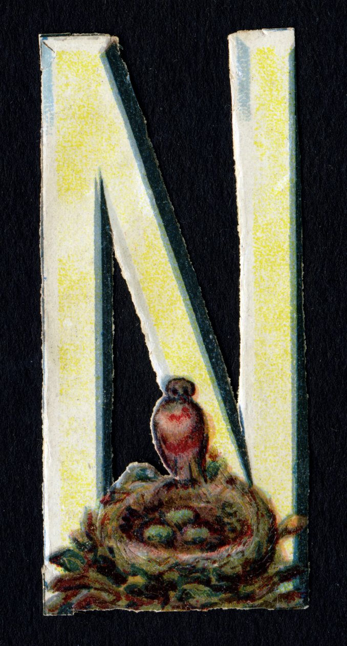 N comme Nid. Découpis de coléoptères sur le thème des animaux. Gravure. Série de 26 chromolithographies gaufrées d