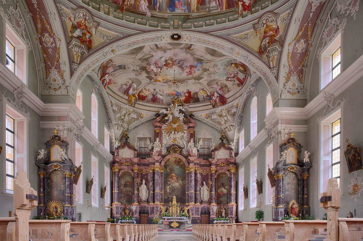 Nef, autel, peinture de plafond, photographie intérieure, église paroissiale catholique Saint-Georges, Neustift, vallée de Stubai, Tyrol, Autriche, Europe - Unbekannter Künstler