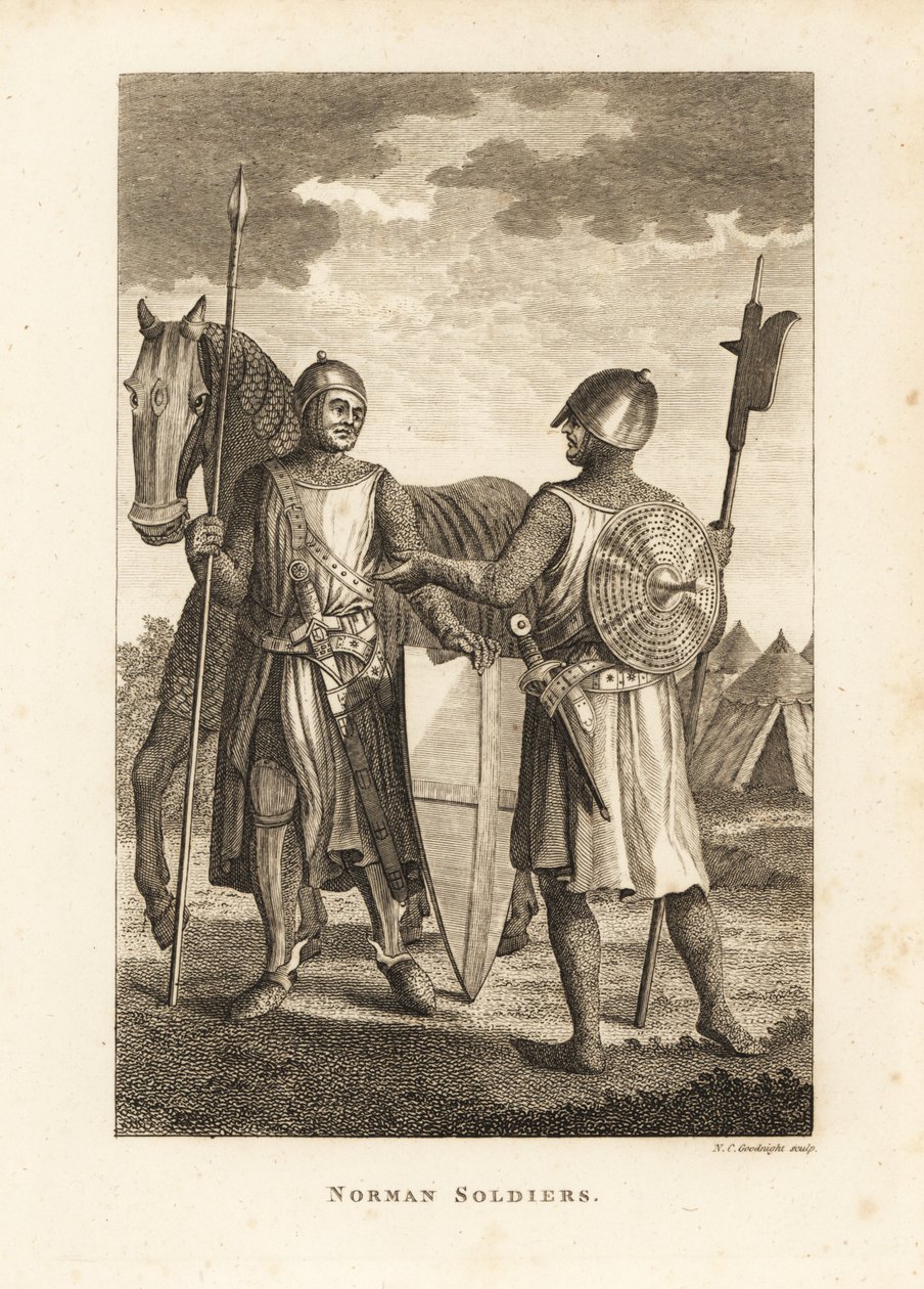 Soldats normands en cotte de mailles et armure de plaques avec bouclier, lance, hallebarde, devant des tentes de campagne militaire - Unbekannt