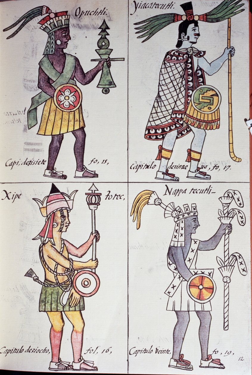 Opochtli, Xipe Totec, Yacatecuhtli et Nappatecutli, Page du Codex florentin, Version en espagnol et nahuatl, Histoire générale des choses de la Nouvelle-Espagne (Historia general de las cosas de Nueva Espana), Aztèque - Benjamin Baud