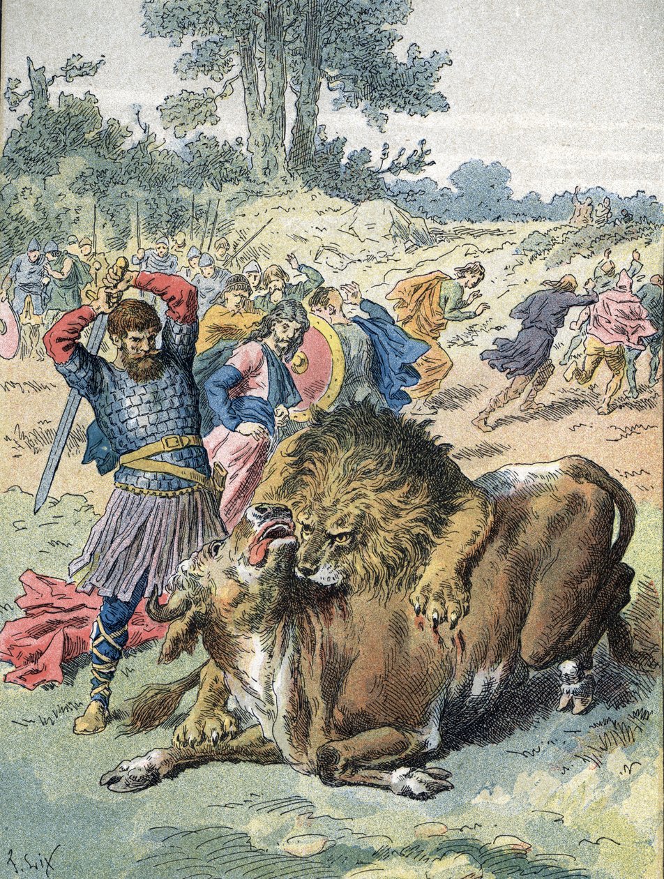 Pépin le Bref combattant un lion et un taureau au Champ de Mars pour prouver son courage (751) - Unbekannter Künstler