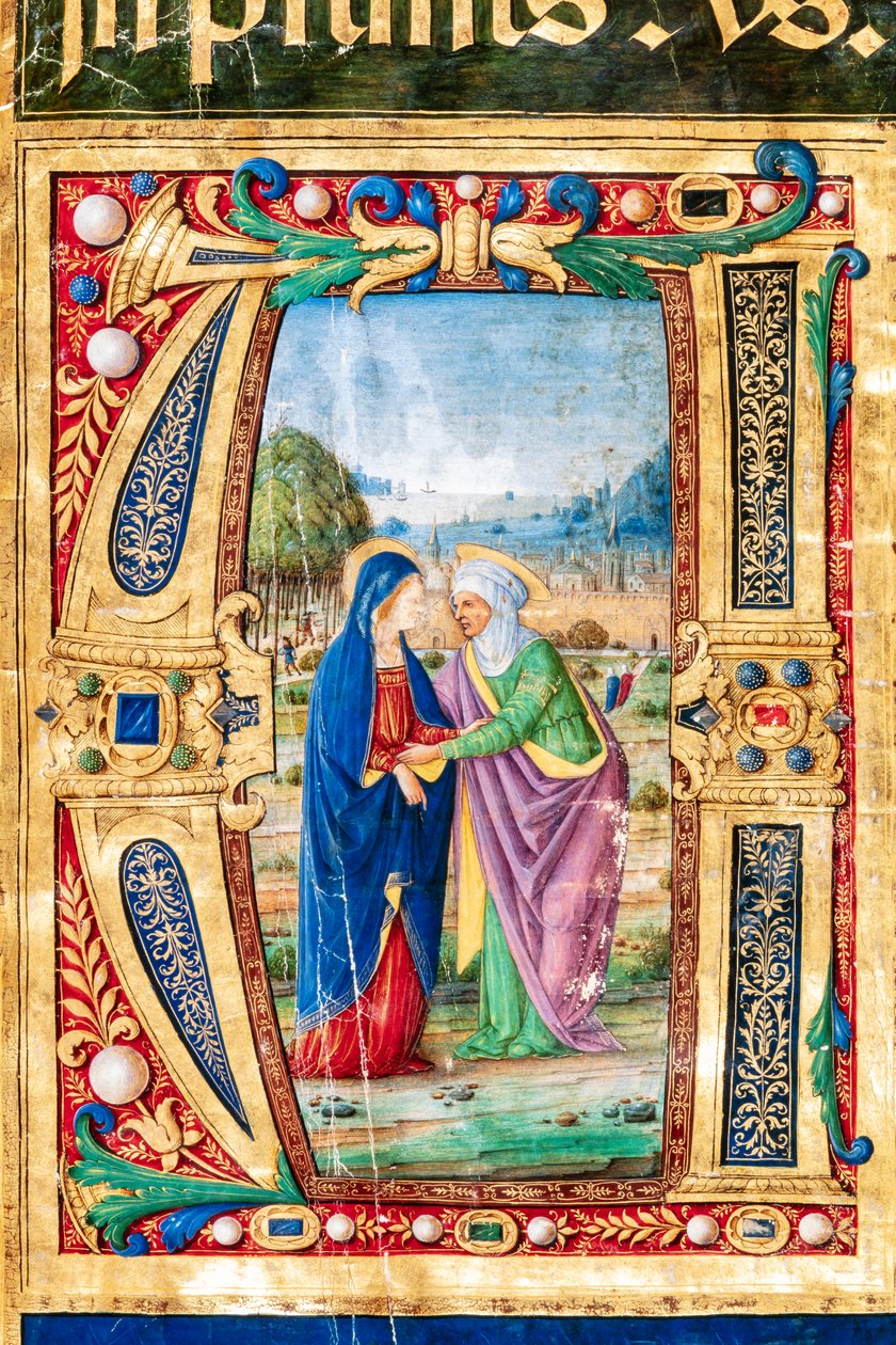 Bibliothèque Piccolomini : livre de chœur, cod. 14.P., ff. 2r avec "la Visitation de Marie et Sainte Élisabeth, par Giovanni di Giuliano Boccardi, dit Boccardino l