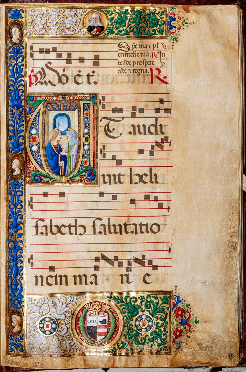 Bibliothèque Piccolomini : livre de chœur, cod. 14.P., ff. 46r avec Marie et Sainte Élisabeth, par Giovanni di Giuliano Boccardi, dit Boccardino l