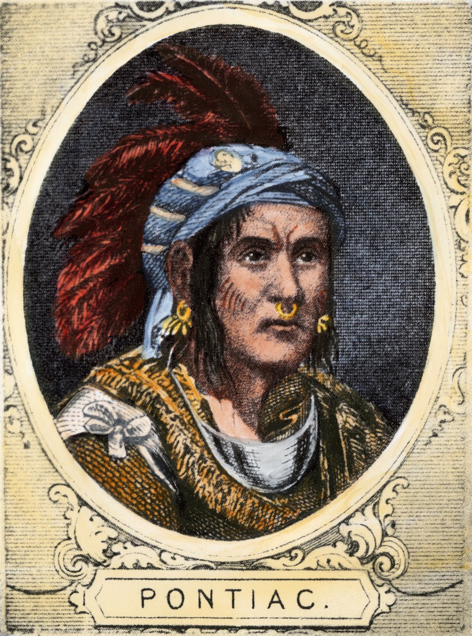 Portrait de Pontiac (ou Obwandiyag, vers 1714-1769), chef de la tribu indienne des Outaouais de Détroit (Nation Ottawa). Gravure en couleur du 19ème siècle. - Unbekannter Künstler