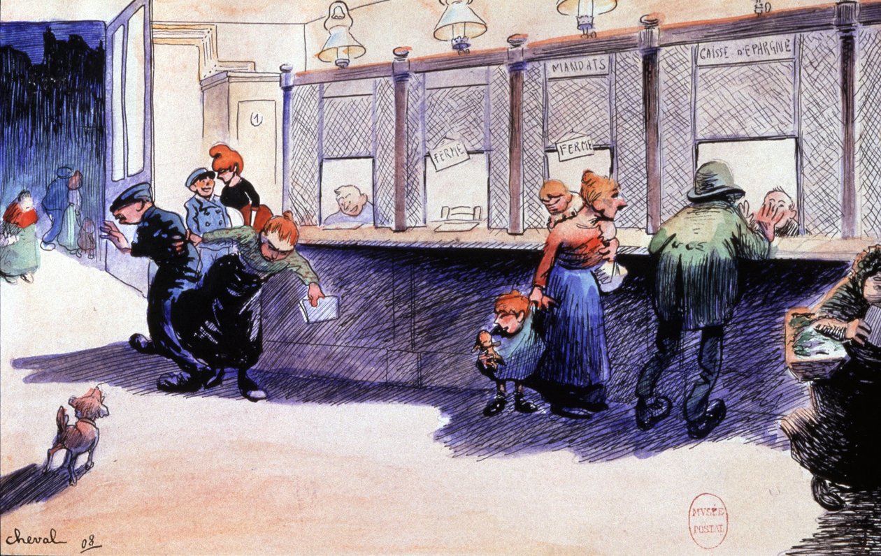 Bureau de poste à Paris avec guichets, aquarelle de Cheval - Unbekannter Künstler