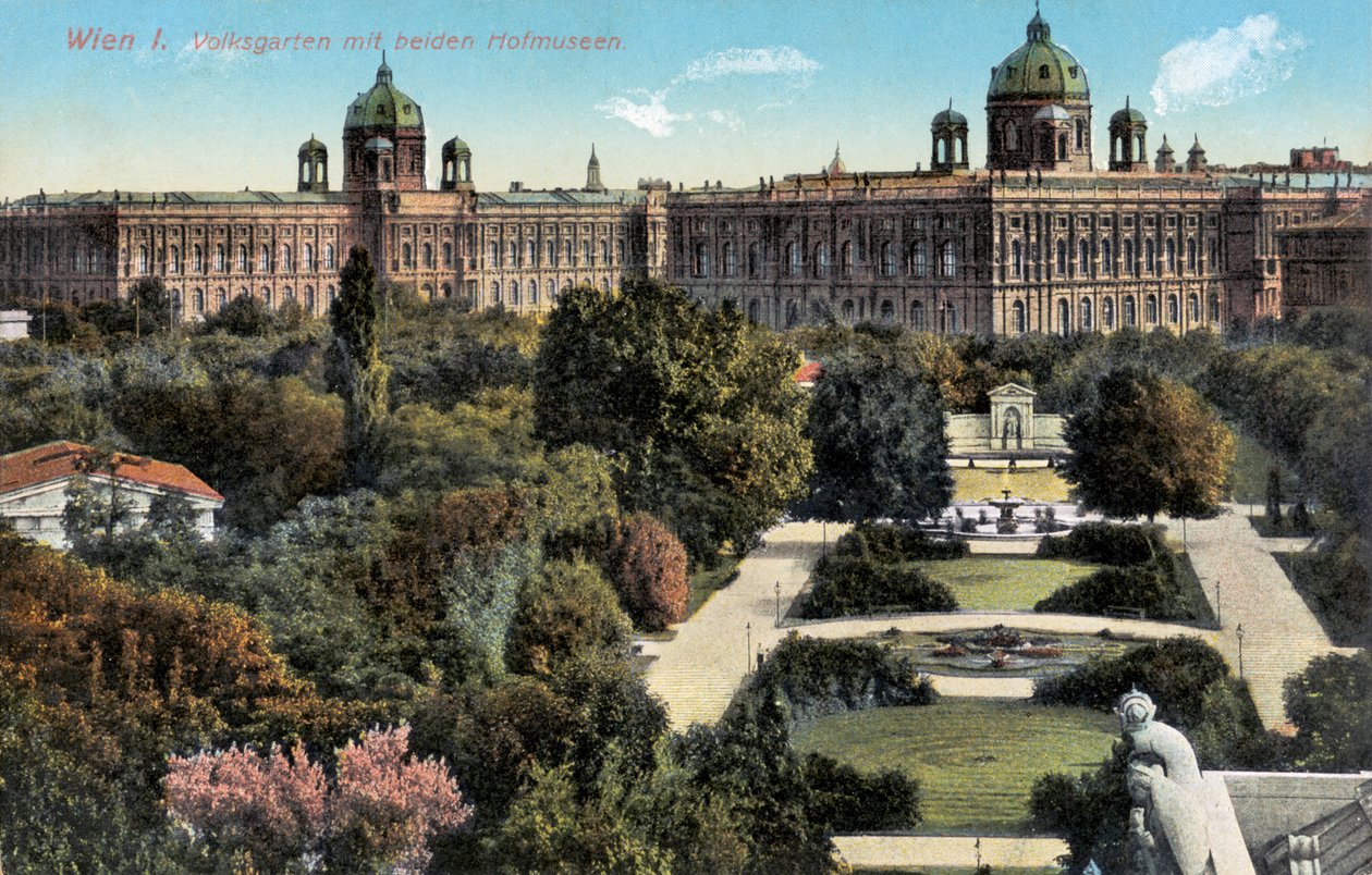 Jardins publics avec les deux musées Hof, Vienne, fin du XIXe/XXe siècle (carte postale) - Unbekannter Künstler