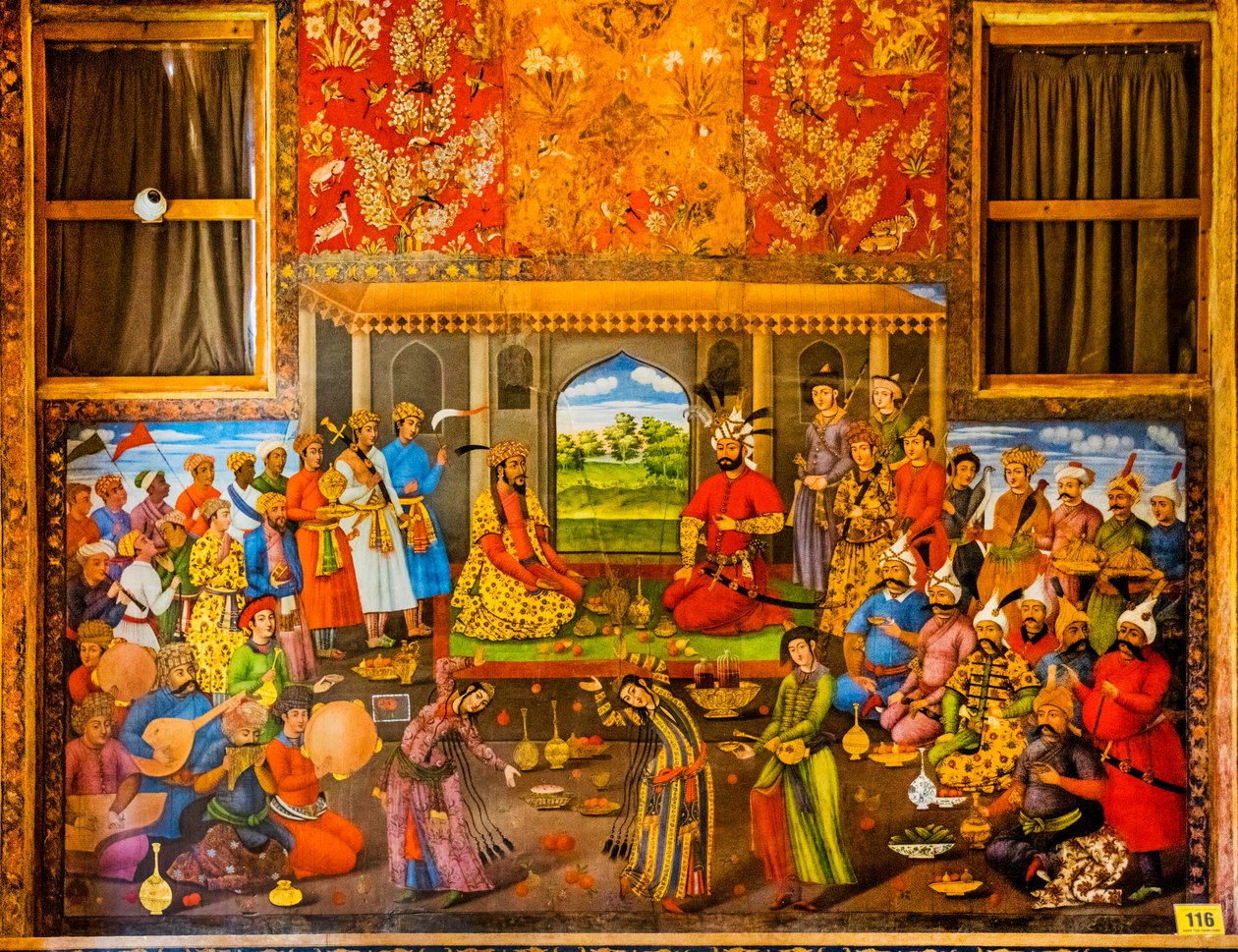 Réception du souverain moghol Humayun 1544, fresques avec scènes de cour et scènes de bataille, Palais de Chehel Sotoun, Ispahan, Iran, Asie (photo) - Unbekannter Künstler