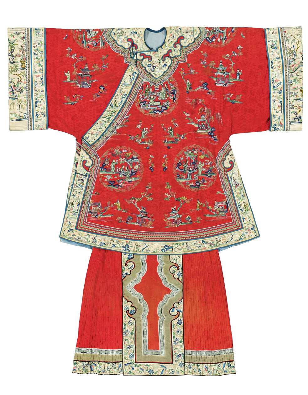 Robe informelle et jupe tablier pour dame à fond rouge, 19ème-20ème siècle - Unbekannt