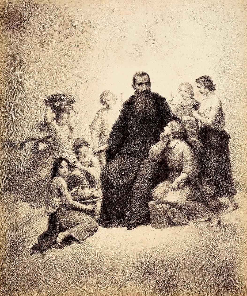 Saint Benoît en trône entouré de jeunes avec des gerbes de blé et des paniers de fruits. Illustration du Chant XXXII du Paradiso de La Divine Comédie de Dante Alighieri. Œuvre de Francesco Scaramuzza dédiée à la Municipalité de Florence - Unbekannter Künstler