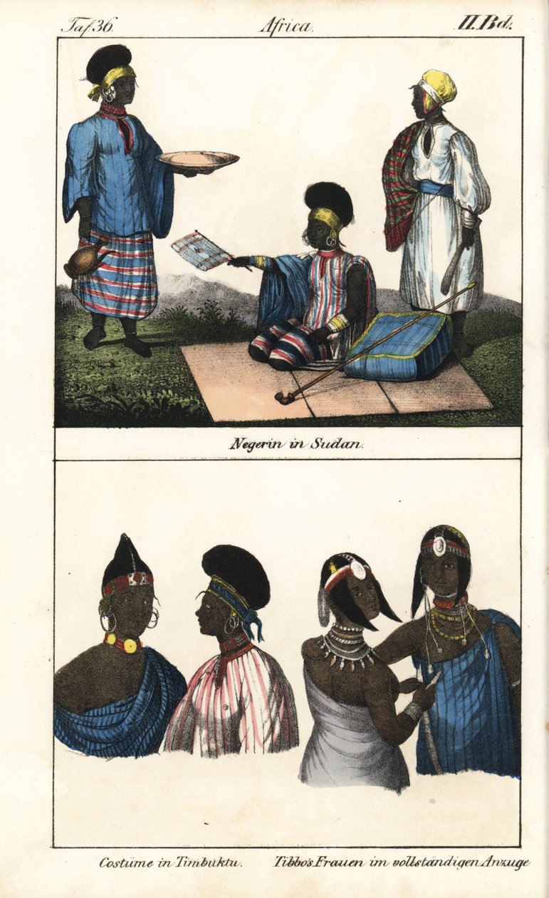 Femmes soudanaises en robe rayée. En dessous, des femmes de Tombouctou (Mali) et des femmes Tibbo du Sahara. Lithographie pour le livre : « Galerie complète en tableaux fidèles des peuples d