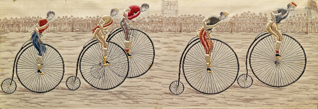Le Dernier Tour, course de vélocipède en soie tissée Stevengraph, par Thomas Stevens de Coventry - Unbekannter Künstler
