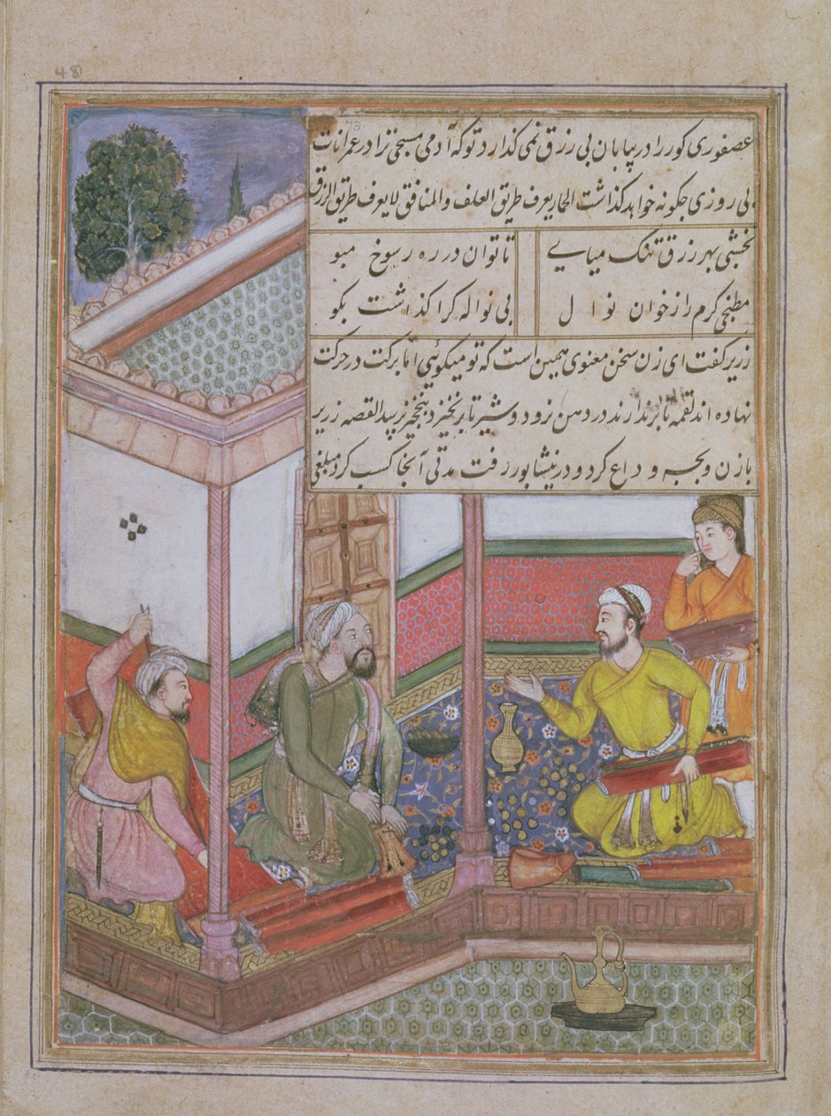 La Vingt-Septième Nuit : Zarir et deux autres tisserands vendent du tissu à un homme tenant une bourse, du Tuti Nama (Tutiname) vers 1580 (vélin) - Unbekannt
