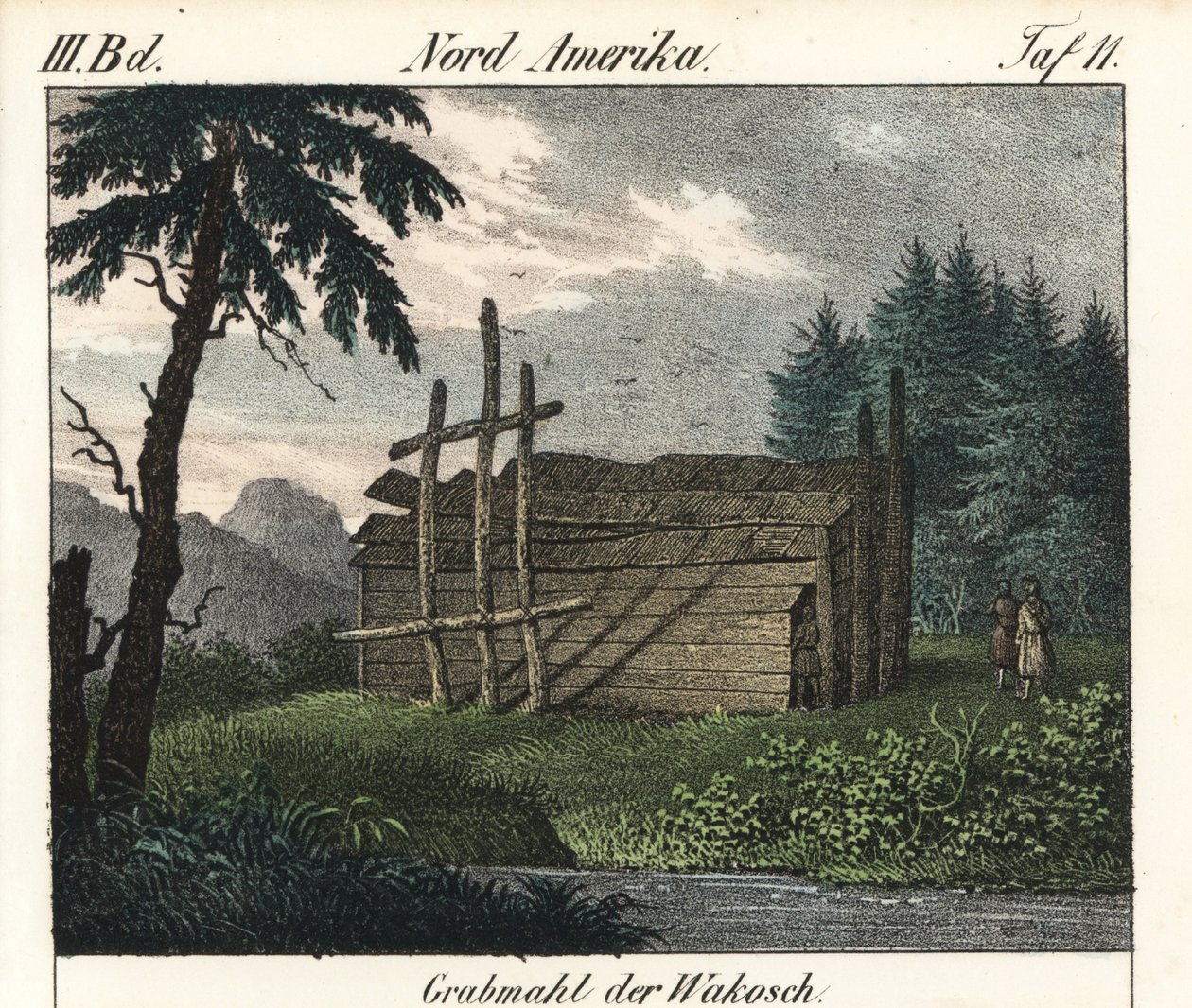 Tombe en bois des Indiens Wakashan (Canada). Lithographie pour le livre : « Galerie complète en tableaux fidèles des peuples d