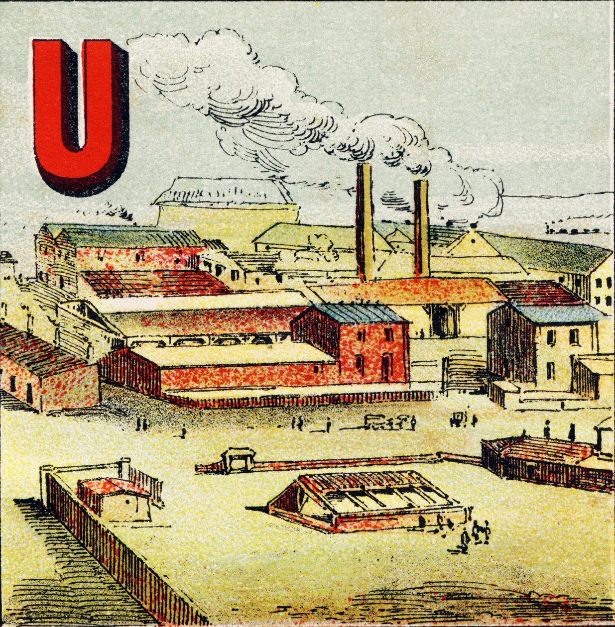 U : Usine. Une usine est une fabrique immense où se trouve une grande quantité de machines ; comme dans l