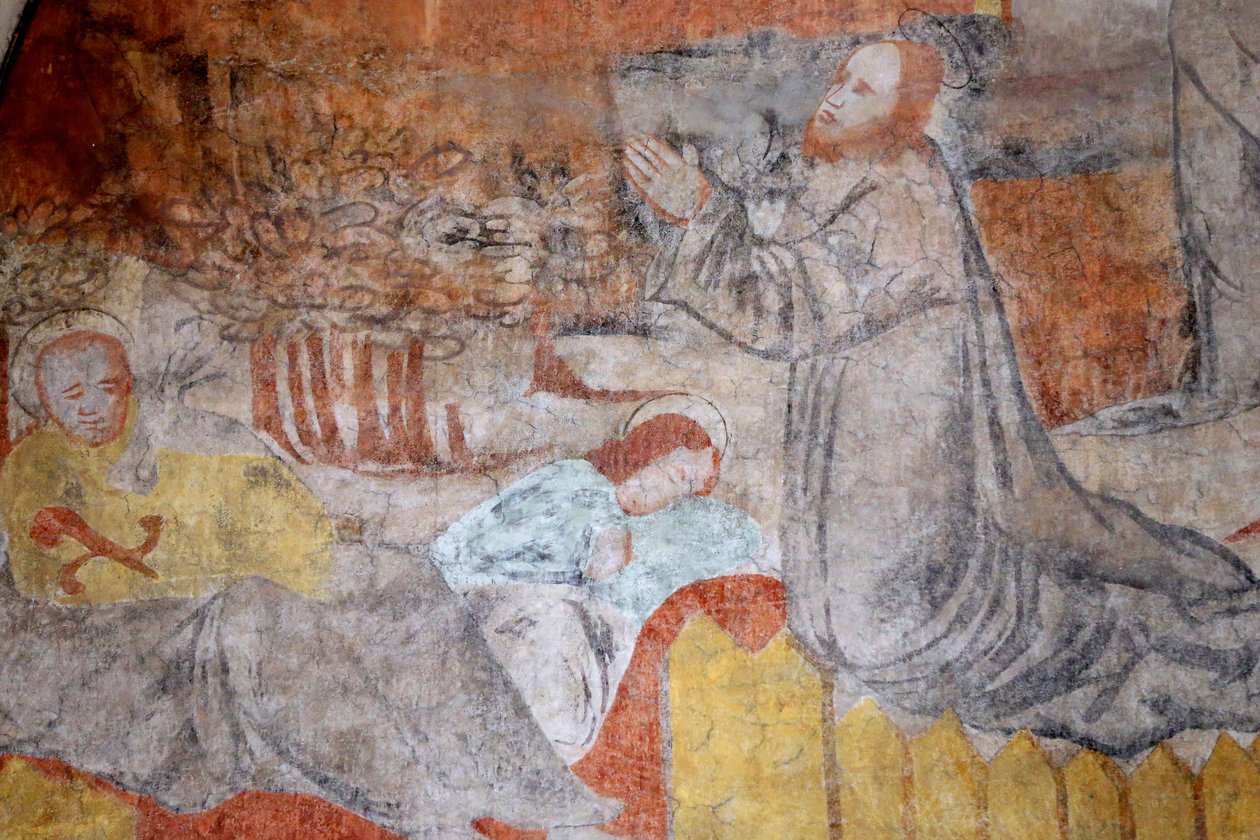 Église de Lugny. Peinture murale du 16ème siècle. Christ dans sa passion. Gethsémani, Jésus prie, tandis que les disciples se reposent. France - Unbekannt