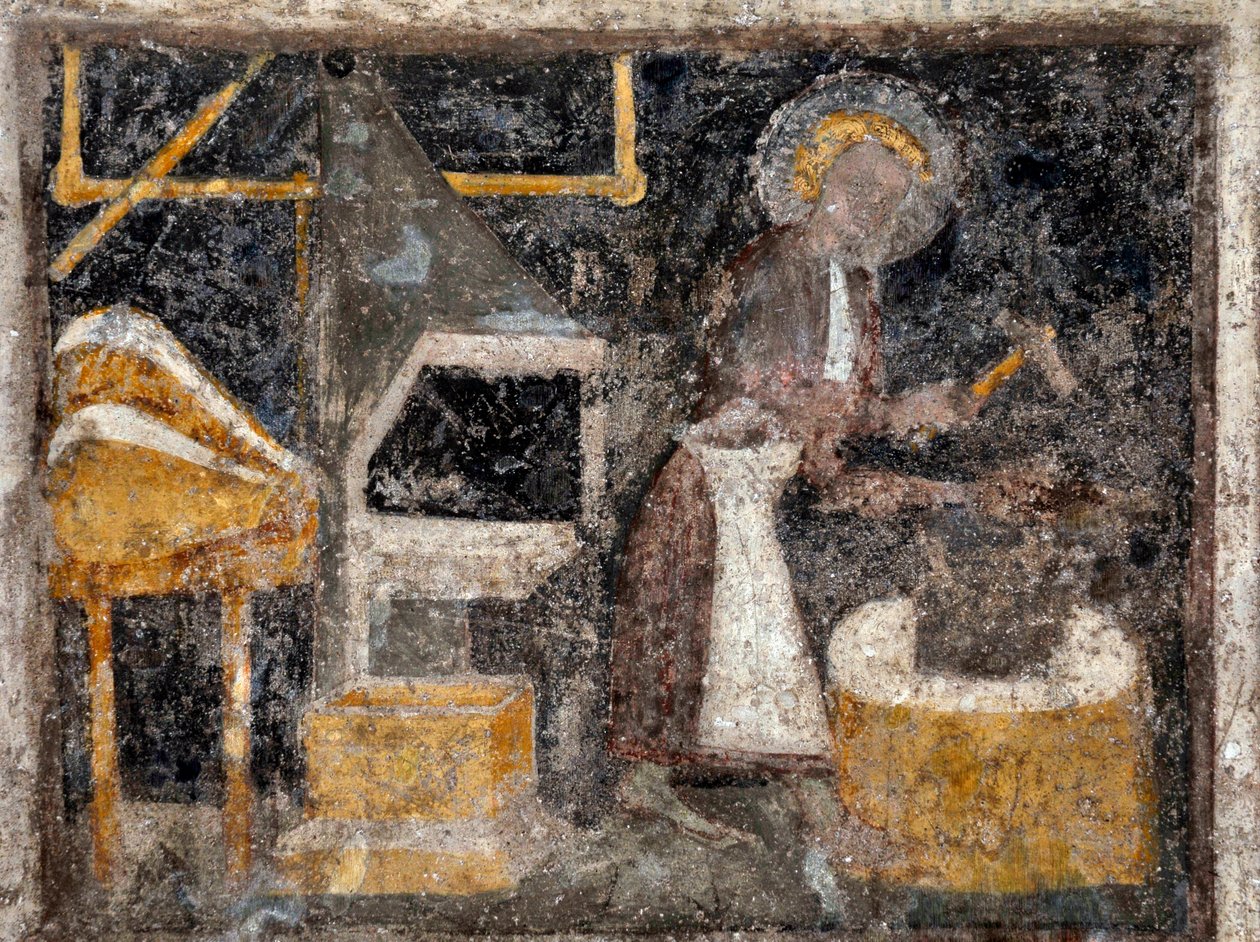 Peintures murales de la vie de Saint Éloi "Forgeron et Orfèvre" par la cathédrale Notre-Dame de Rodez. Légende en langue d